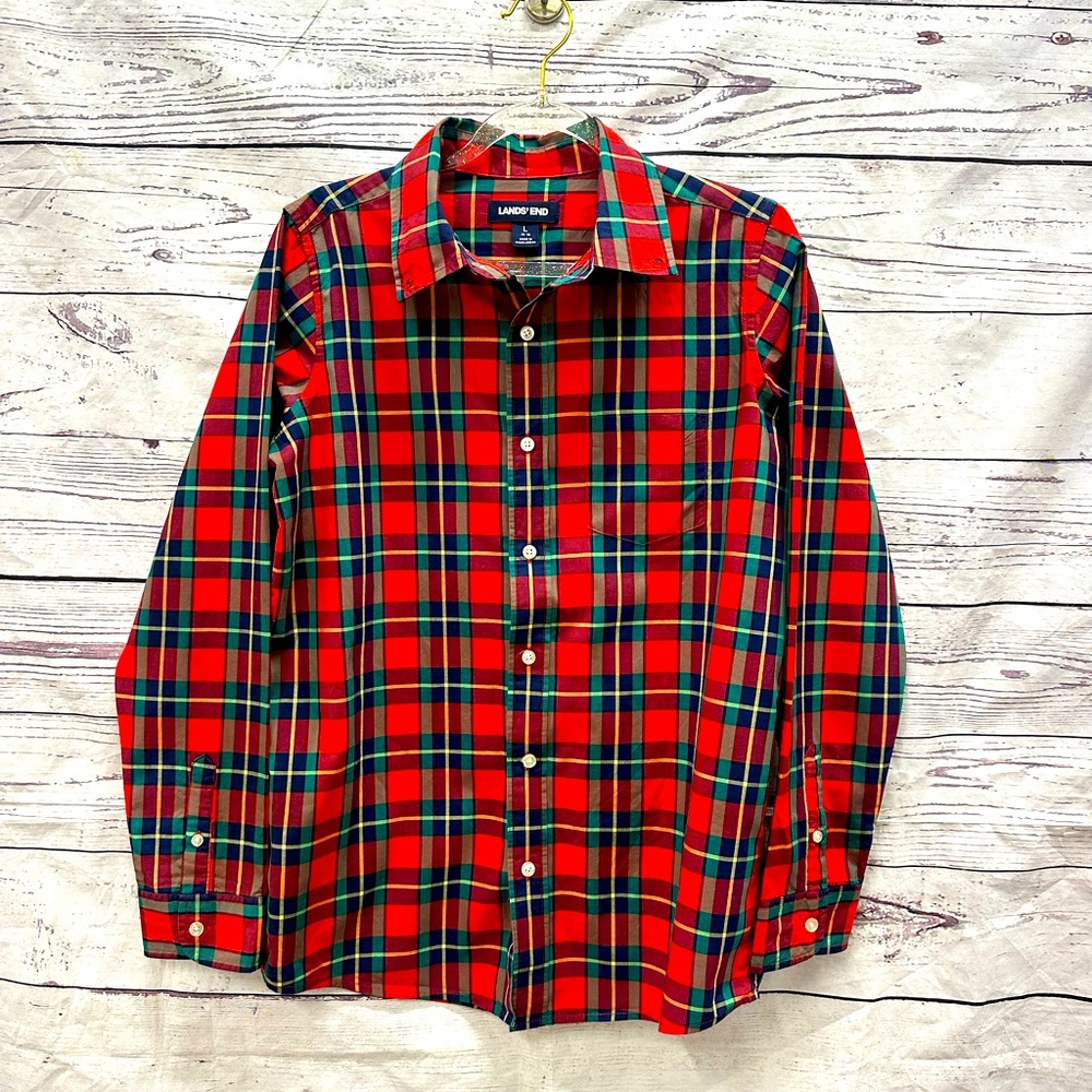 Lands End Womens Red Plaid Cotton Longsleeve Button Up Top Size Large
